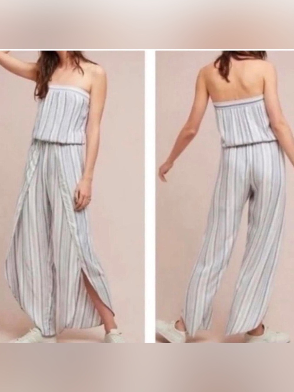 DREW Strapless Wide-Leg Striped Jumpsuit in Gray and White